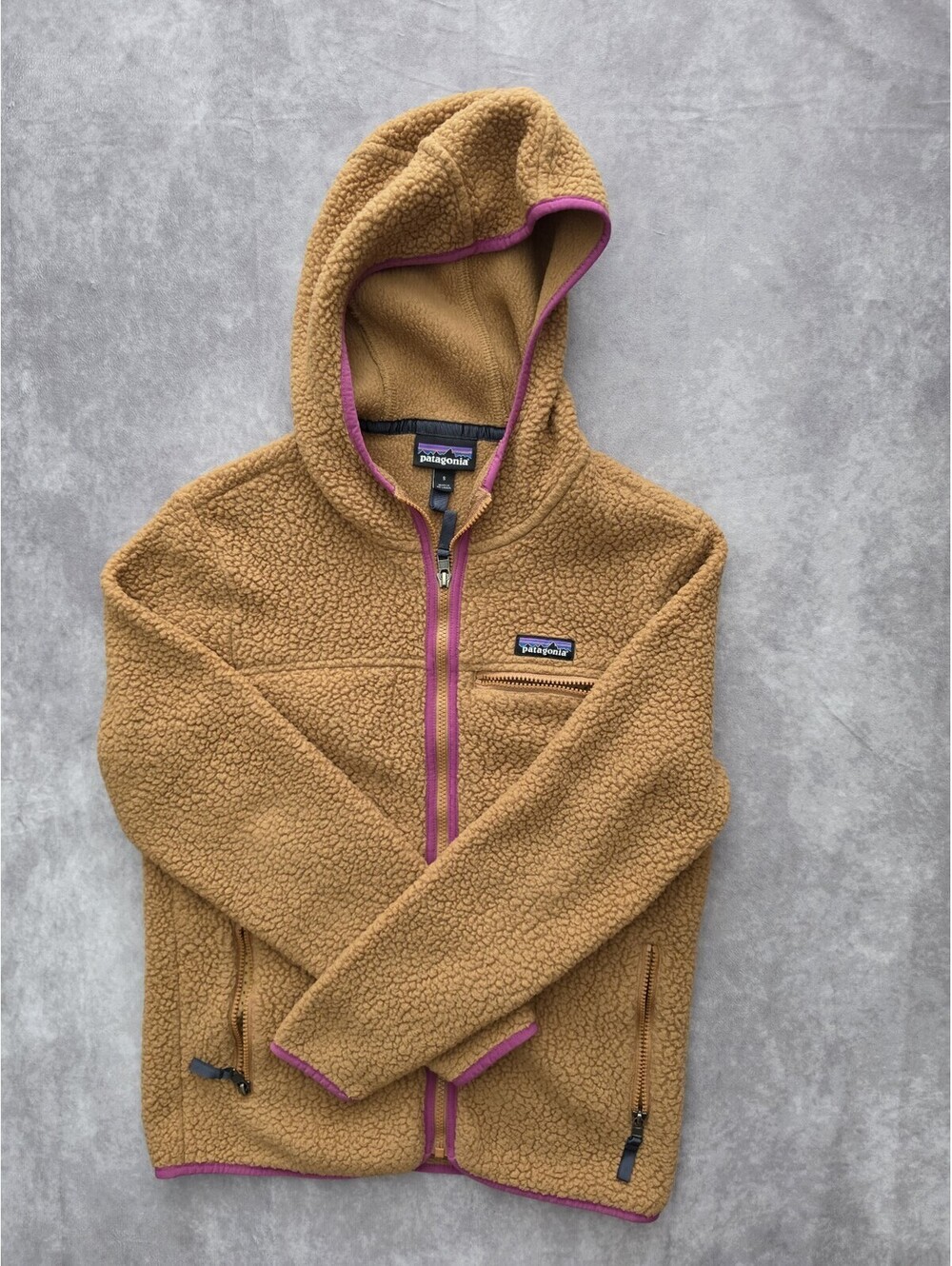 SKU0316 Patagonia Womens Small Retro Pile Sherpa Fleece Hoodie Jacket Brown Pink
